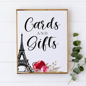 Plantilla de letrero de regalos y tarjetas de despedida de soltera de París, Descarga de letrero de mesa de regalo imprimible, Tarjetas florales de la Torre Eiffel y Letrero de mesa de regalo, S-28