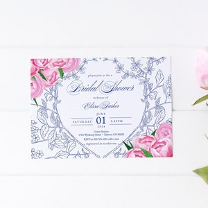 Peony Chinoiserie Bridal Shower Invitation Template Download, Printable Preppy Classic Blue White Floral Shower Invite, SH-85