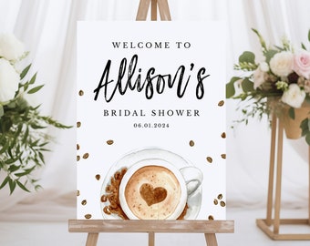 Plantilla de cartel de bienvenida "El amor se está gestando", decoración imprimible para despedida de soltera con temática de café, descargable, WS-04