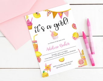 Pink Lemonade Girl Baby Shower Invitation Template, Digital Download Printable, BSH-83