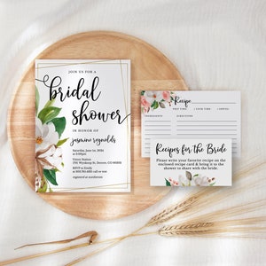 Witte bloemen bruids douche recept uitnodiging sjabloon, afdrukbare bruids douche recept aanvraag kaart, breng een recept, recept insteekkaart, B-01