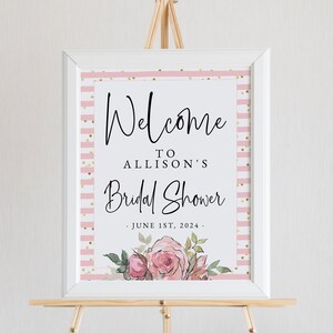 Pink Floral Stripes Welcome Sign Template, Gold Polka Dot Bridal Shower Welcome Sign Download, Printable Shower Welcome Sign, WS-19