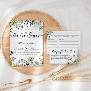 Aquarel blauw groene bloemen bruids douche uitnodiging recept kaart sjabloon downloaden, afdrukbare recept verzoek uitnodiging, SH-07