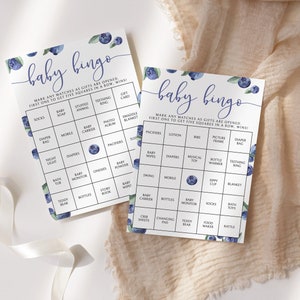 Juego de bingo Blueberry Baby Shower, 50 tarjetas de bingo para bebés precargadas, descarga en PDF, juego de actividades para baby shower Berry Sweet Boy, BSG-109