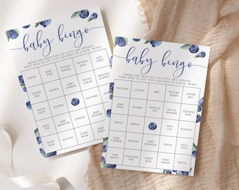 Berry Sweet Blueberry Baby Shower Bingo à télécharger, 50 cartes préremplies imprimables, BSG-109