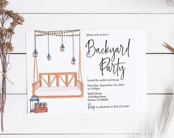 Peut inclure: Une illustration aquarelle d'une invitation à une fête de jardin avec un lit de balançoire suspendu, des guirlandes lumineuses et des lanternes. Le texte indique "Veuillez nous rejoindre pour une fête de jardin" et comprend la date, l'heure, le lieu et les informations de RSVP.