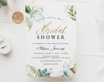 Gold Greenery Bridal Shower Invitation Template, Eucalyptus Boho Wedding Shower Printable Invitation, Bridal Shower Invite Download, SH-33