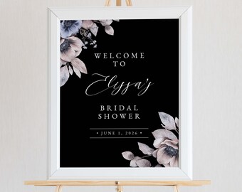 Romantic Dark Moody Floral Welcome Sign Template, Printable Bridal Shower Welcome Sign Download, Black Floral Welcome Sign, WS-45