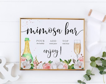 Modello stampabile di cartello Mimosa Bar, download del cartello per la doccia nuziale, cartello frizzante del bar, cartello floreale Mimosa Bar, champagne bar, brunch nuziale BS-01