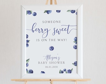Berry Sweet Blueberry Baby Shower Welcome Sign Template, Printable Boy Shower Decor, WS-109