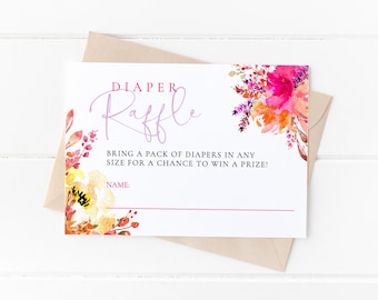 Plantilla de boleto de rifa de pañales para baby shower con flores brillantes, juego imprimible para baby shower de niña, I-74