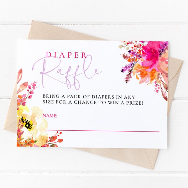 Bright Flowers Diaper Raffle Card Template, Girl Baby Shower Diaper Raffle Ticket Download, Printable Baby Shower Diaper Raffle Insert, I-74