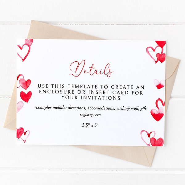 Hearts Love Details Card Template, Bridal Shower Invitation Insert Card Download, Printable Enclosure Details Card Download, I-88