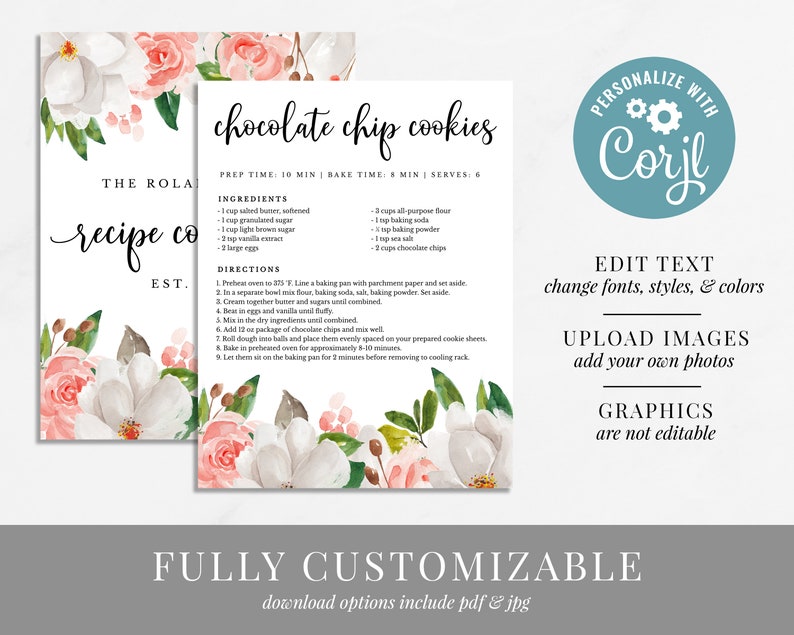 Floral Recipe Cookbook Template Download Family Recipe | Etsy