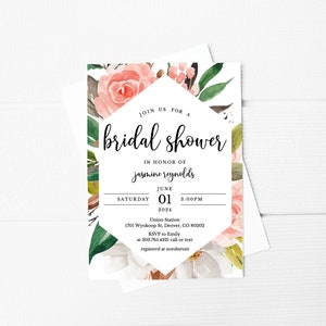 Floral Bridal Shower Invitation Template, Watercolor Wedding Shower Invitation Download, Editable Geometric Simple Invitation, SH-01 image 2