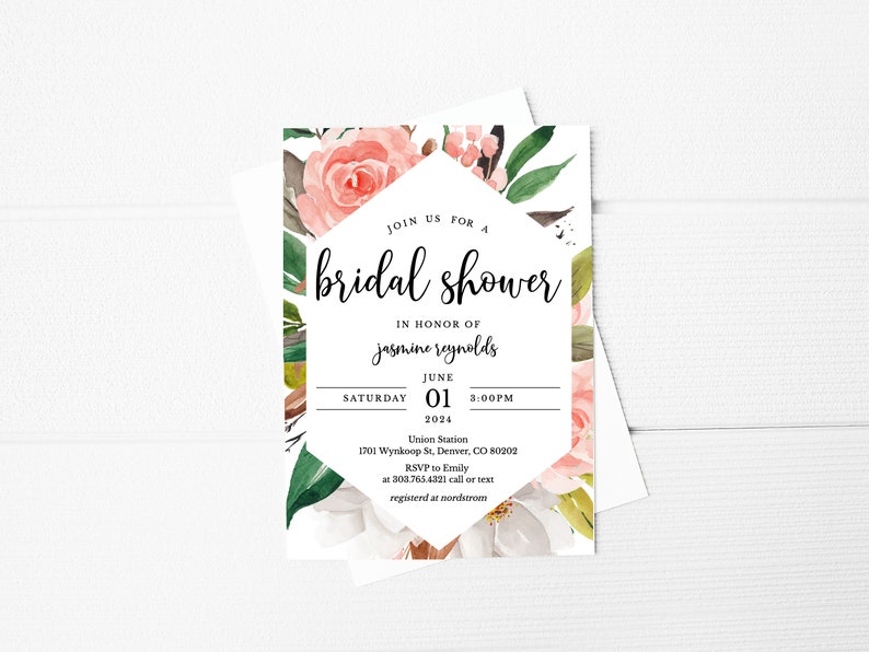 Floral Bridal Shower Invitation Template, Watercolor Wedding Shower Invitation Download, Editable Geometric Simple Invitation, SH-01 image 2