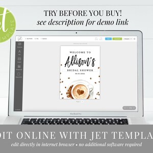 May include: A laptop screen showing a bridal shower invitation template with the text "Welcome to Allison's Bridal Shower 06.01.2004" and a coffee cup with a heart design. The text "Edit Online with Jet Template" is displayed below the laptop.