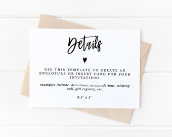 Könnte beinhalten: Eine weiße Karte mit schwarzem Text, der "Details" lautet, mit einem kleinen Herzsymbol darunter. Der Text unter dem Titel lautet "Verwenden Sie diese Vorlage, um eine Beilage oder eine Karte zum Einlegen für Ihre Einladungen zu erstellen. Beispiele: Wegbeschreibungen, Unterkünfte, Wünsche, Geschenkeliste usw. 3,5" x 5" "