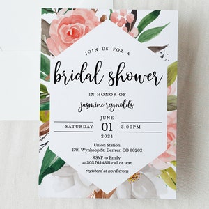 Floral Bridal Shower Invitation Template, Watercolor Wedding Shower Invitation Download, Editable Geometric Simple Invitation, SH-01 image 1