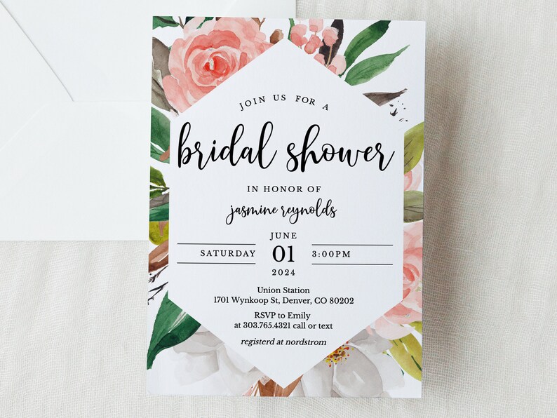 Floral Bridal Shower Invitation Template, Watercolor Wedding Shower Invitation Download, Editable Geometric Simple Invitation, SH-01 image 1