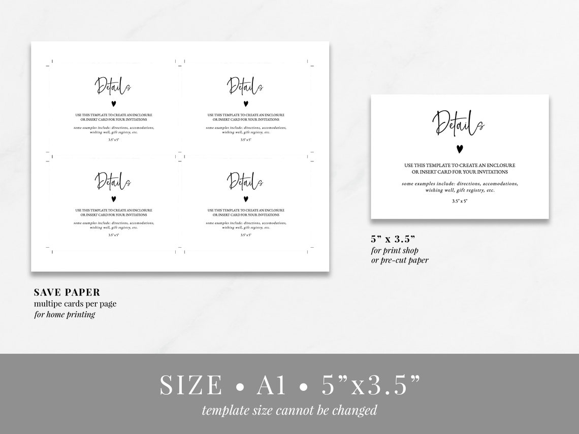 Minimalist Details Insert Card Template, Printable Invitation Enclosure ...