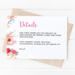 Bridal Shower Tea Party Details Insert Card Template Download, Baby Shower Par-Tea Details Enclosure Card Download, Printable Details, I-05