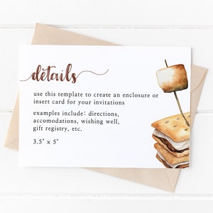 S'more liefde details kaartsjabloon, Smores baby shower uitnodiging bijlage invoegkaart downloaden, Camping baby shower details, I-108