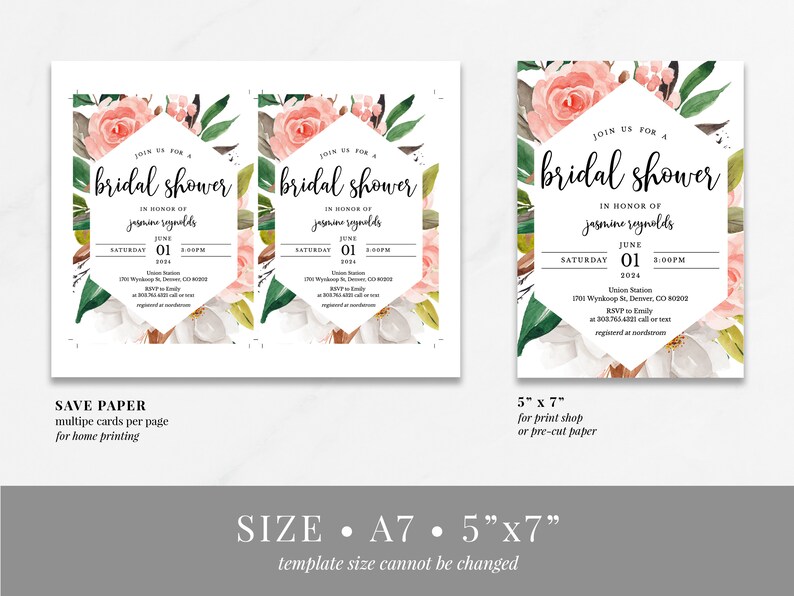 Floral Bridal Shower Invitation Template, Watercolor Wedding Shower Invitation Download, Editable Geometric Simple Invitation, SH-01 image 4