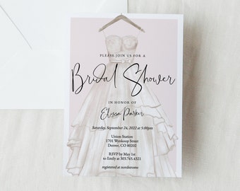 May include: A pink and white bridal shower invitation with a watercolor illustration of a wedding dress. The invitation includes the text "Please join us for a Bridal Shower in honor of Elissa Parker" and details for the event.