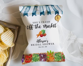 She's Fresh Off the Market Bridal Shower Chip Bag Wrapper Template, Printable Farmer's Market Wedding Shower Snack Bag Download, CB-104