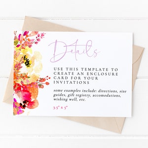 Kaartsjabloon met heldere aquarel bloemendetails, afdrukbare uitnodiging vrijgezellenfeest invoegen download, bijlagekaart roze oranje bloemen, I-74