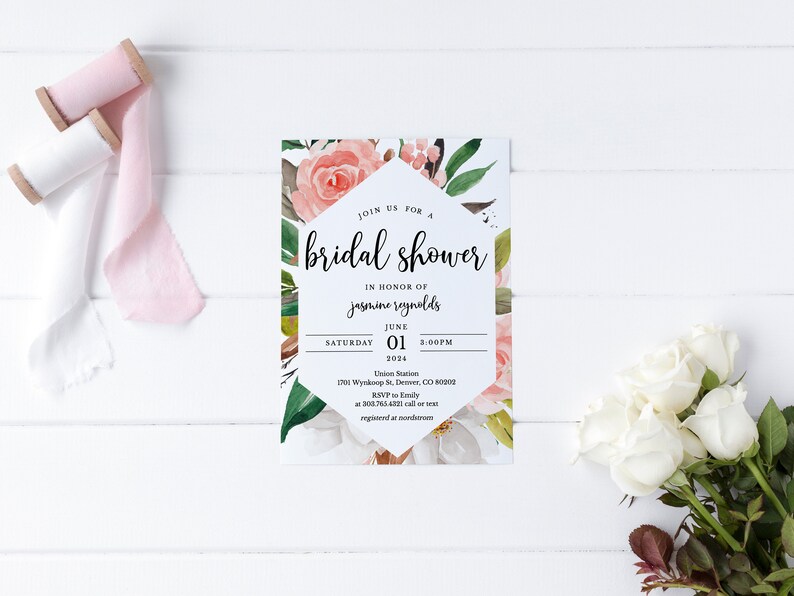 Floral Bridal Shower Invitation Template, Watercolor Wedding Shower Invitation Download, Editable Geometric Simple Invitation, SH-01 image 3