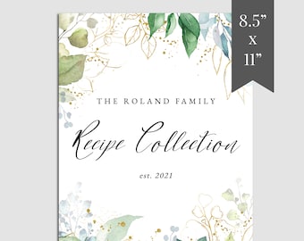 Descarga de plantilla de libro de recetas Greenery Gold, plantilla de libro de recetas de recetas imprimible, plantilla de libro de recetas Greenery de acuarela, RB-33