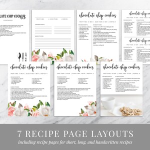 May include: Seven different recipe page layouts for chocolate chip cookies. Each layout features a floral design with white and pink flowers. The layouts include space for ingredients, directions, prep time, bake time, and servings.