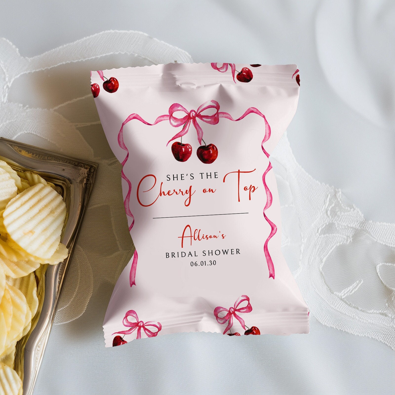 She's the Cherry on Top Bridal Shower Chip Bag Wrapper Template, Coquette Cherries Bridal Shower Snack Bag Party Favor Label Download CB-114
