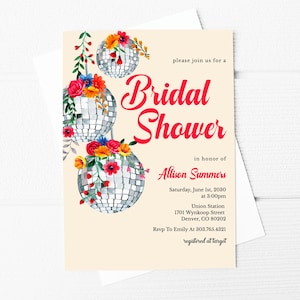 Floral Disco Ball Bridal Shower Invitation Template Download, Retro 70s Wedding Shower Invitation Download, Printable Shower Invite, SH-101