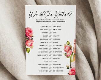 Pink Floral Would She Rather Bridal Shower Game Template, Printable Wedding Shower Activity, BG-106