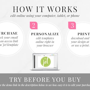 Pu&ograve; includere: Una grafica che mostra come acquistare, personalizzare e stampare un modello di design. La grafica mostra un laptop con un modello di design aperto sullo schermo. Il testo sulla grafica dice "Come funziona: modifica online usando il tuo computer, tablet o telefono."  "Acquista: controlla la tua email per ottenere un link di accesso da Jet Template." "Personalizza: modifica i modelli online direttamente nel tuo browser." "Stampa: scarica e stampa il tuo design a casa o usa una tipografia."  "Prova prima di acquistare: consulta il link di demo nella descrizione qui sotto per vedere quanto &egrave; facile modificare il tuo acquisto."