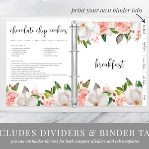 May include: Printable binder tabs with floral designs and the text "print your own binder tabs". The tabs are labeled "breakfast", "appetizers", "main dishes", "side dishes", and "snacks".