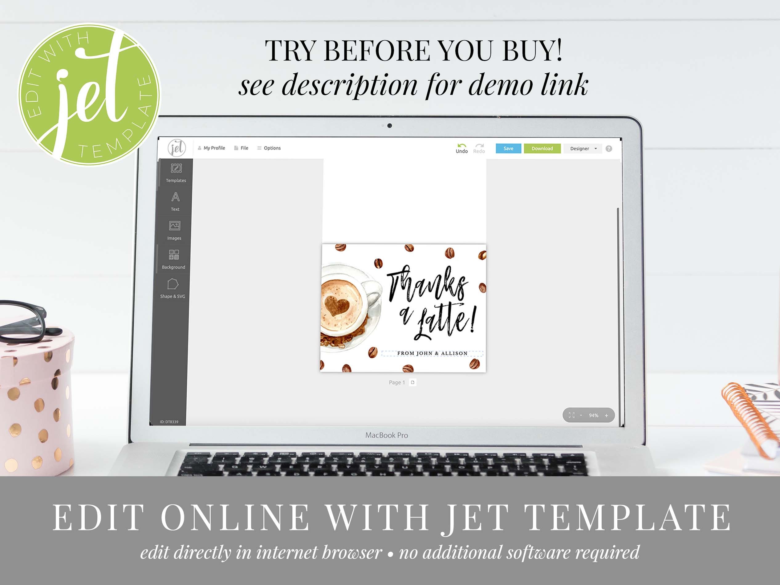 Coffee Thanks a Latte Thank You Card Template, Coffee Cup Thank You ...