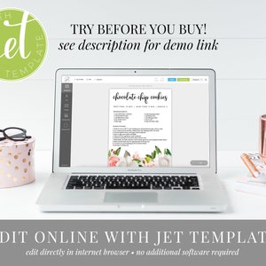 May include: A laptop computer displaying a recipe template for chocolate chip cookies on the screen. The template is editable online using the Jet Template platform. The text "TRY BEFORE YOU BUY! see description for demo link" is displayed above the laptop. The text "EDIT ONLINE WITH JET TEMPLATE edit directly in internet browser - no additional software required" is displayed below the laptop.