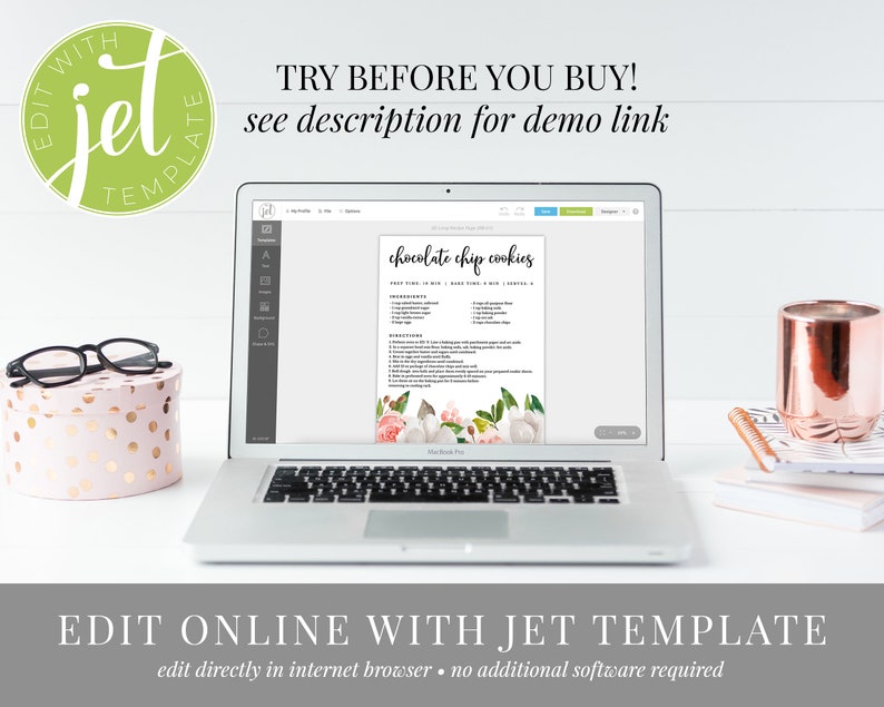 May include: A laptop computer displaying a recipe template for chocolate chip cookies on the screen. The template is editable online using the Jet Template platform. The text "TRY BEFORE YOU BUY! see description for demo link" is displayed above the laptop. The text "EDIT ONLINE WITH JET TEMPLATE edit directly in internet browser - no additional software required" is displayed below the laptop.