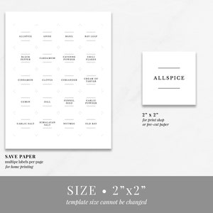 May include: Printable spice jar labels with a white background and black text. The labels are 2 inches by 2 inches and feature a variety of common spices, including allspice, anise, basil, bay leaf, black pepper, cardamom, cayenne powder, chilli flakes, cinnamon, cloves, coriander, cream of tartar, cumin, dill, fennel seed, garlic powder, garlic salt, Himalayan salt, nutmeg, and old bay.