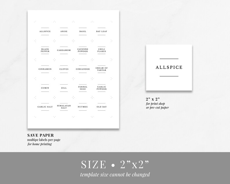 May include: Printable spice jar labels with a white background and black text. The labels are 2 inches by 2 inches and feature a variety of common spices, including allspice, anise, basil, bay leaf, black pepper, cardamom, cayenne powder, chilli flakes, cinnamon, cloves, coriander, cream of tartar, cumin, dill, fennel seed, garlic powder, garlic salt, Himalayan salt, nutmeg, and old bay.