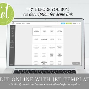 May include: A laptop screen displaying a web page with a grid of spice labels. The labels are editable and can be customised using the Jet Template online editor. The text on the screen reads "TRY BEFORE YOU BUY! see description for demo link" and "EDIT ONLINE WITH JET TEMPLATE edit directly in internet browser - no additional software required".