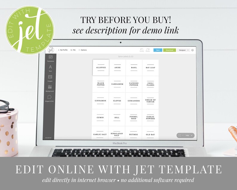 May include: A laptop screen displaying a web page with a grid of spice labels. The labels are editable and can be customised using the Jet Template online editor. The text on the screen reads "TRY BEFORE YOU BUY! see description for demo link" and "EDIT ONLINE WITH JET TEMPLATE edit directly in internet browser - no additional software required".