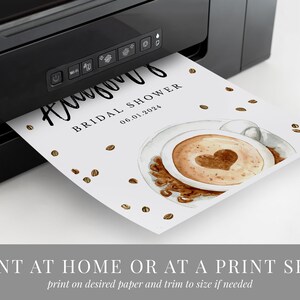 May include: Printable bridal shower invitation featuring a coffee cup design. The invitation has a watercolour illustration of a coffee cup with a heart in the foam. The text on the invitation reads "Bridal Shower" and "06.01.2024".