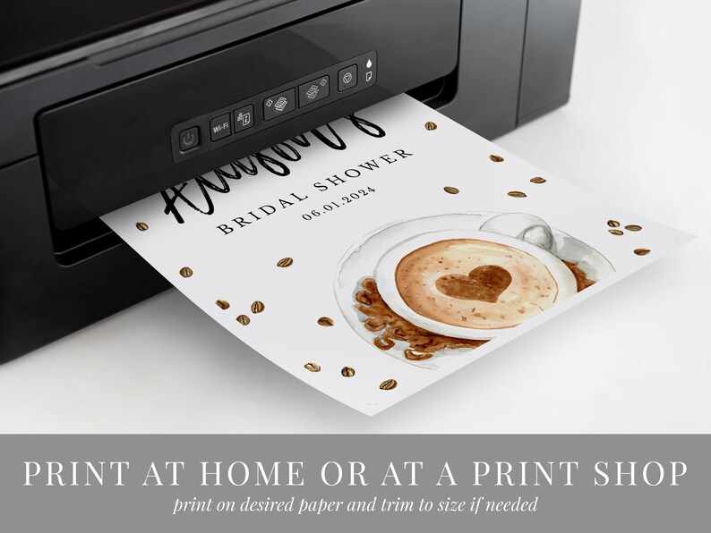 May include: Printable bridal shower invitation featuring a coffee cup design. The invitation has a watercolour illustration of a coffee cup with a heart in the foam. The text on the invitation reads "Bridal Shower" and "06.01.2024".