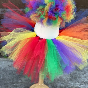 Op de afbeelding: Regenboog tule rok en bijpassend topje. De rok is gelaagd met tule in rood, oranje, geel, groen, blauw en paars. Het topje is een strapless bandeau.