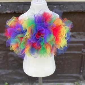 Op de afbeelding: Een regenboog tule top met een gerimpeld ontwerp. De top is gemaakt van zachte, kleurrijke tule en is perfect voor een feestje of speciale gelegenheid.